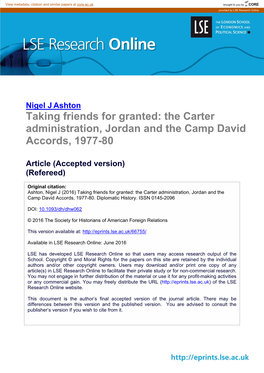 The Carter Administration, Jordan and the Camp David Accords, 1977-80