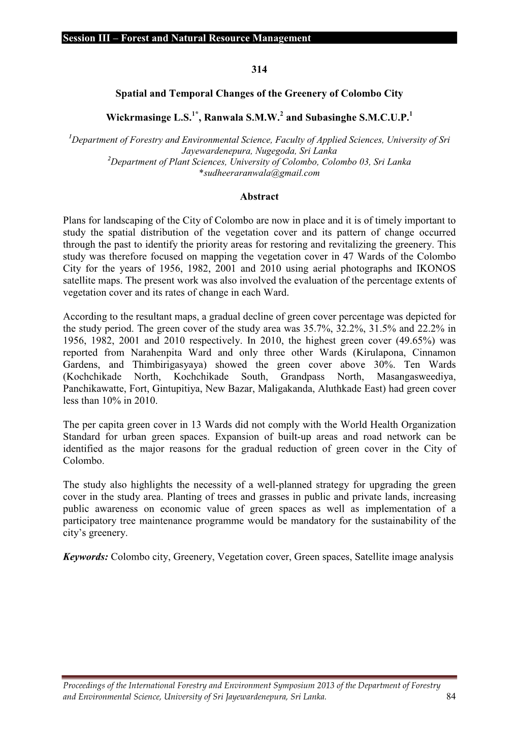 314 Spatial and Temporal Changes of the Greenery of Colombo City