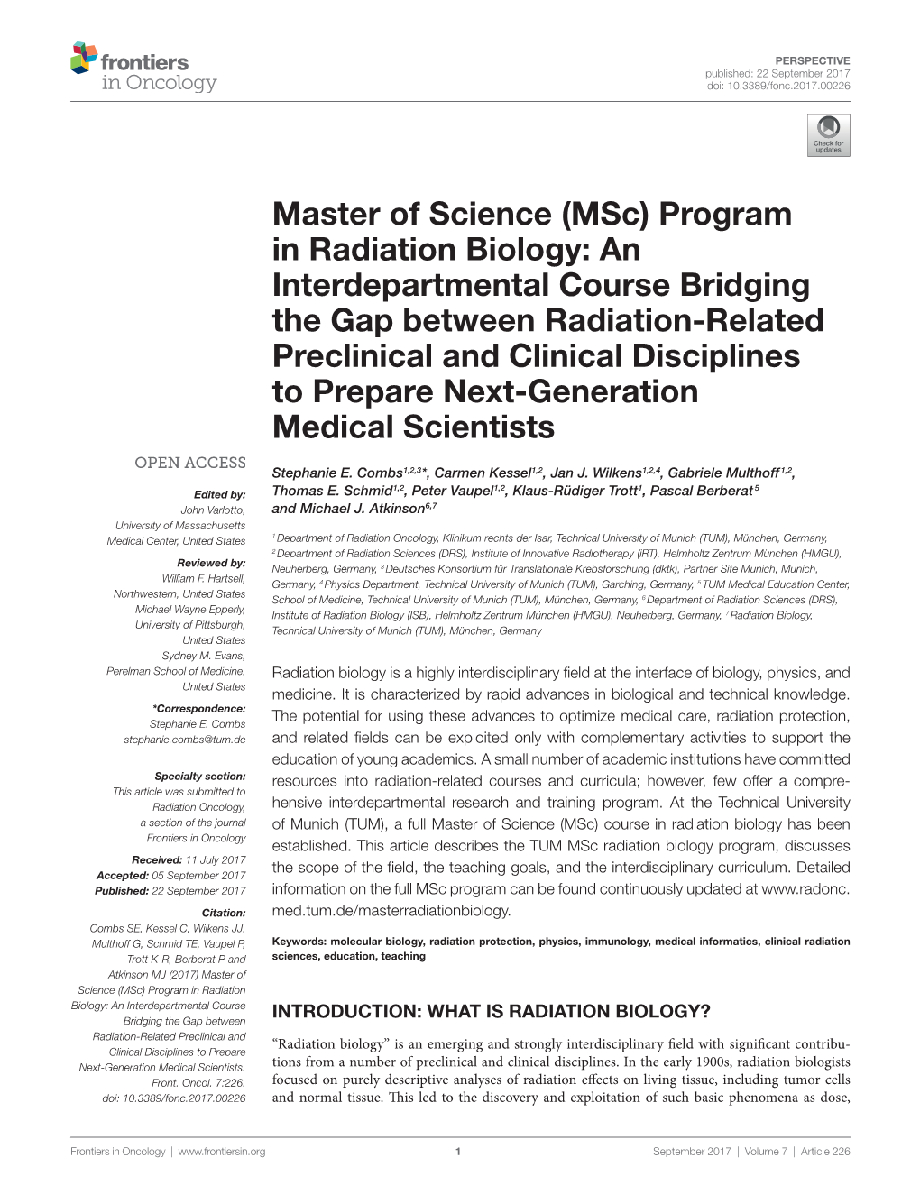Master of Science (Msc) Program in Radiation Biology