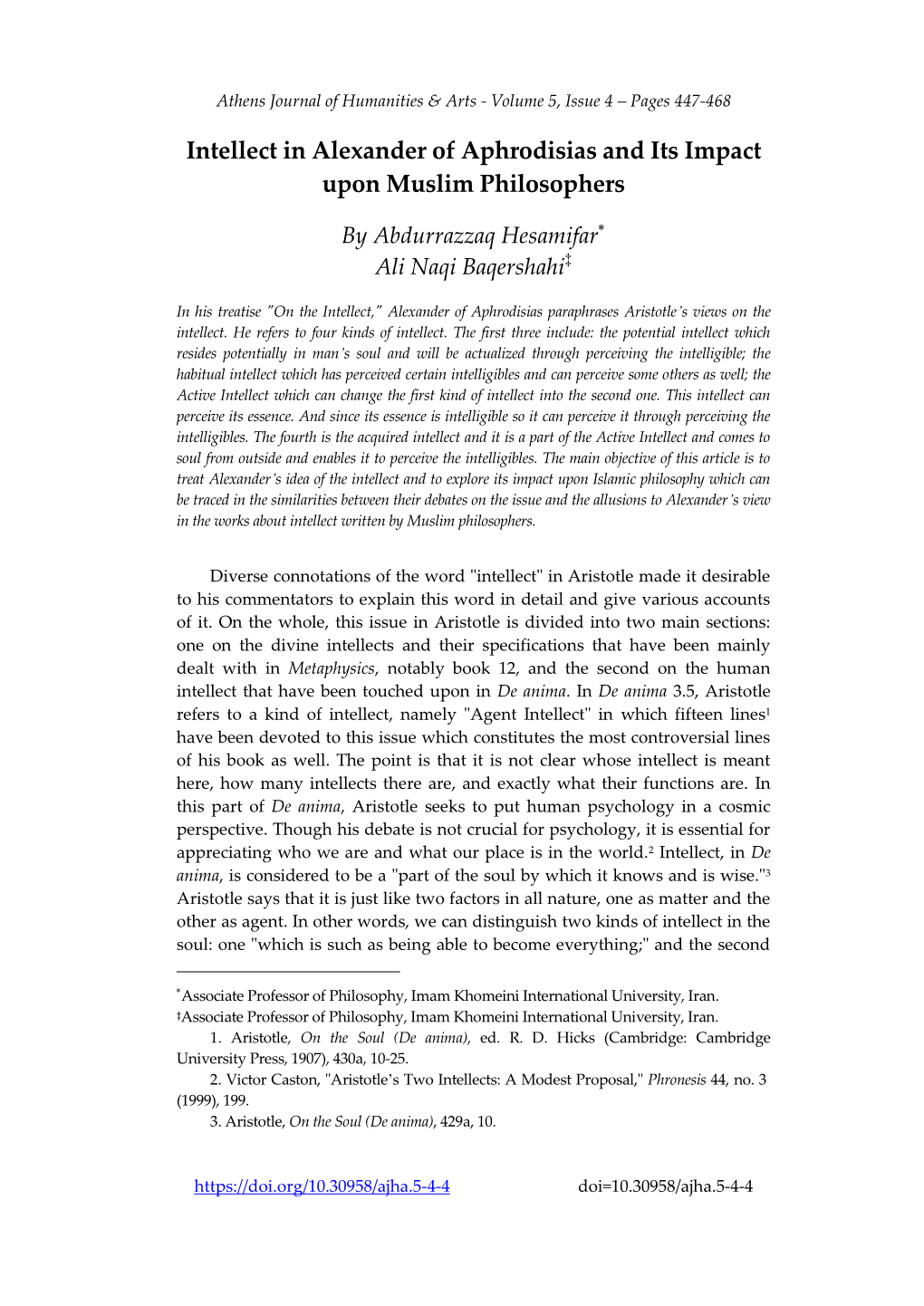 Intellect in Alexander of Aphrodisias and Its Impact Upon Muslim Philosophers