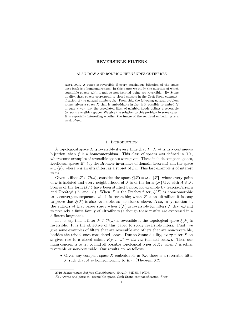 REVERSIBLE FILTERS 1. Introduction a Topological Space X Is Reversible