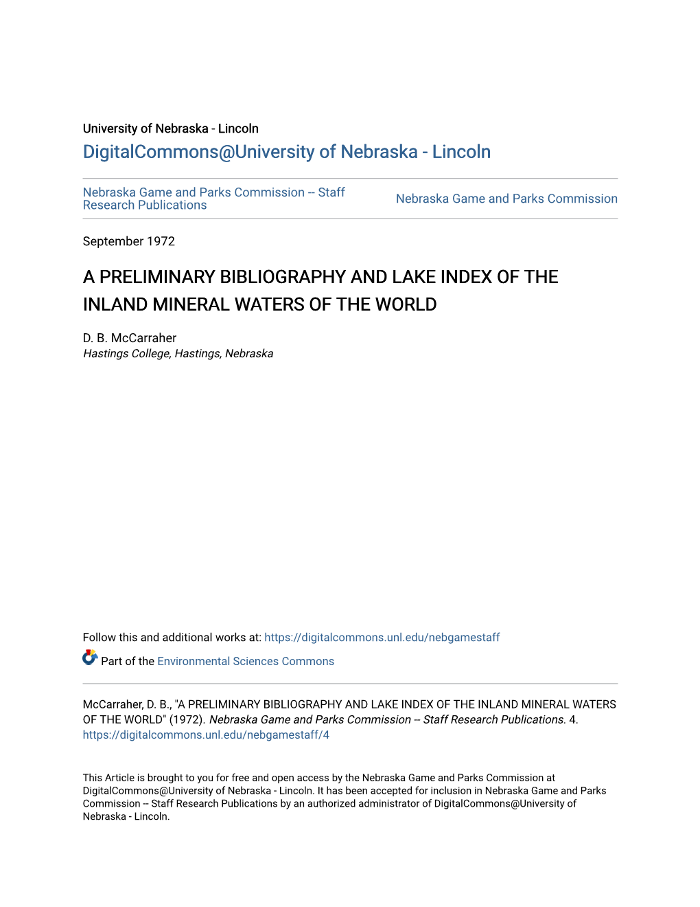 A Preliminary Bibliography and Lake Index of the Inland Mineral Waters of the World