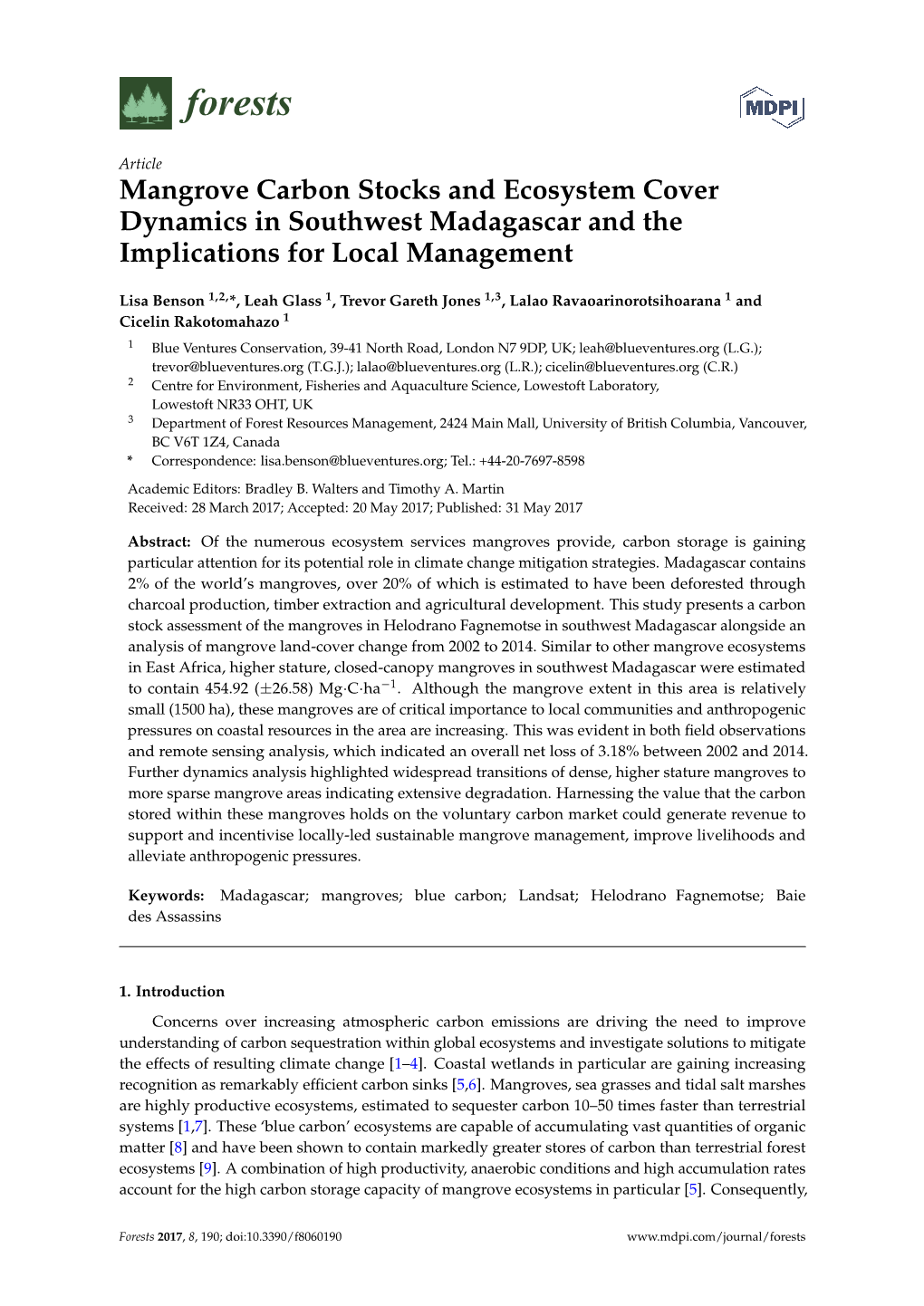 Mangrove Carbon Stocks and Ecosystem Cover Dynamics in Southwest Madagascar and the Implications for Local Management