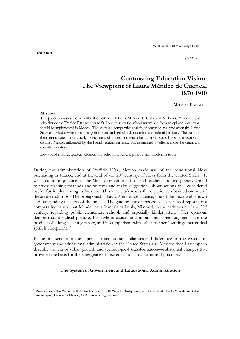 Contrasting Education Vision. the Viewpoint of Laura Méndez De Cuenca, 1870-1910