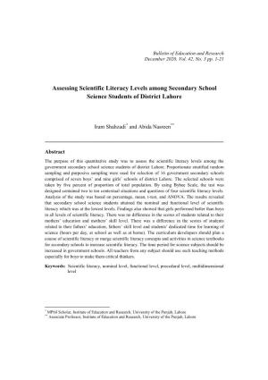 Assessing Scientific Literacy Levels Among Secondary School Science Students of District Lahore