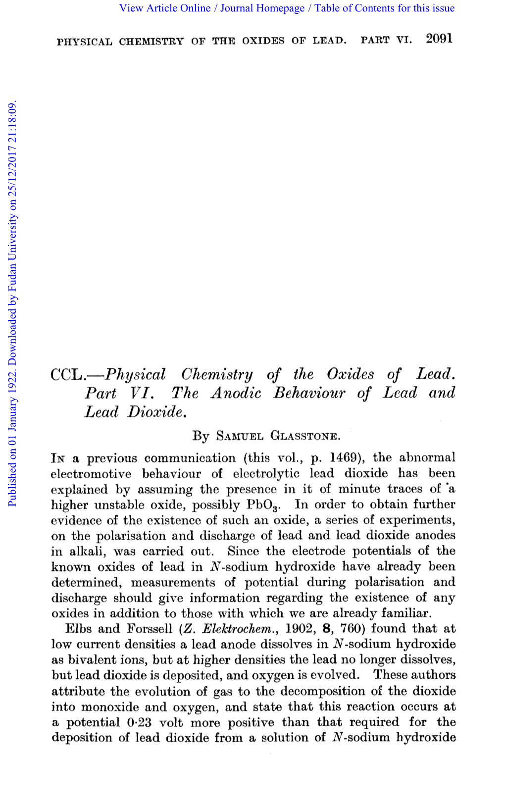 P~~S~G~ Chemistry of the Oxides of Lead. Part T71. the Anodic Behaviour of Lead and Lead Dioxide