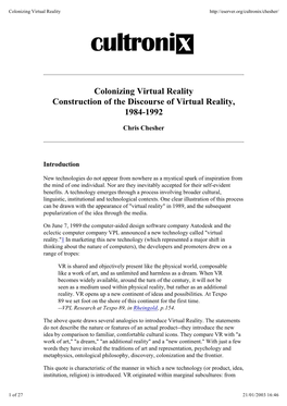 Colonizing Virtual Reality