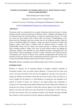 Studies on Diversity of Marine Mollusc in Selected Location of Balasore District