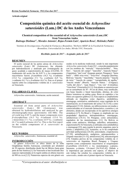 Composición Química Del Aceite Esencial De Achyrocline Satureioides (Lam.) DC De Los Andes Venezolanos