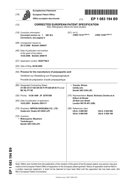 Process for the Manufacture of Polyaspartic Acid Verfahren Zur Herstellung Von Polyasparaginsäure Procédé De Préparation D’Acide Polyaspartique