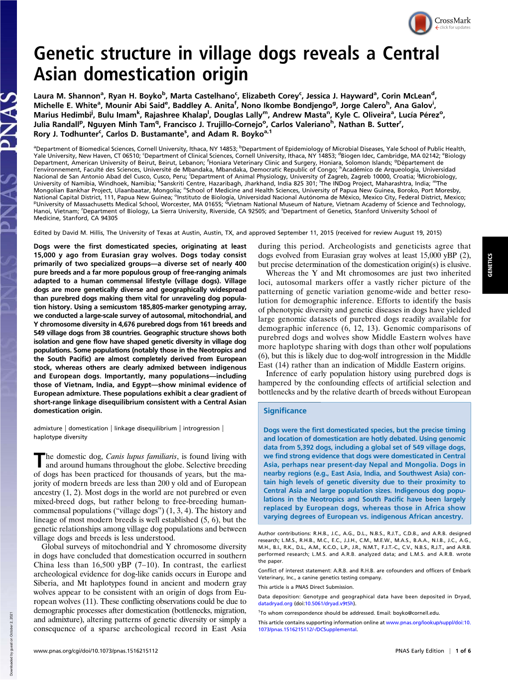 Genetic Structure in Village Dogs Reveals a Central Asian Domestication Origin