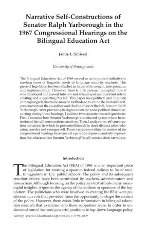 Narrative Self-Constructions of Senator Ralph Yarborough in the 1967 Congressional Hearings on the Bilingual Education Act