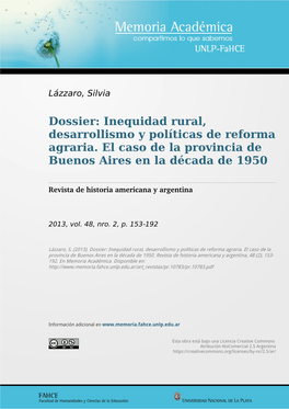Inequidad Rural, Desarrollismo Y Políticas De Reforma Agraria. El Caso De La Provincia De Buenos Aires En La Década De 1950