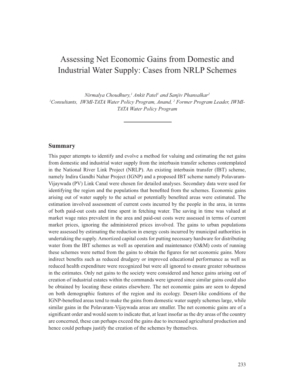 Assessing Net Economic Gains from Domestic and Industrial Water Supply: Cases from NRLP Schemes