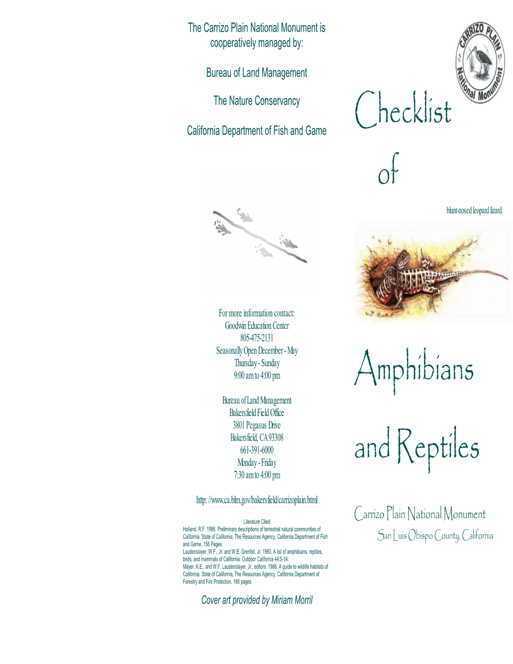 Brochure. Checklist of Amphibians and Reptiles of the Carrizo Plain