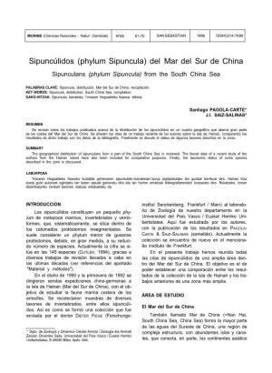 Sipuncúlidos (Phylum Sipuncula) Del Mar Del Sur De China Sipunculans (Phylum Sipuncula) from the South China Sea