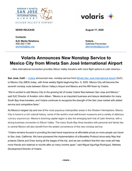 Volaris Announces New Nonstop Service to Mexico City From