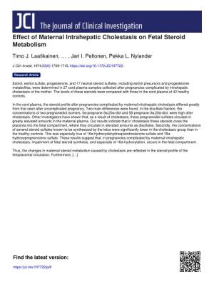 Effect of Maternal Intrahepatic Cholestasis on Fetal Steroid Metabolism