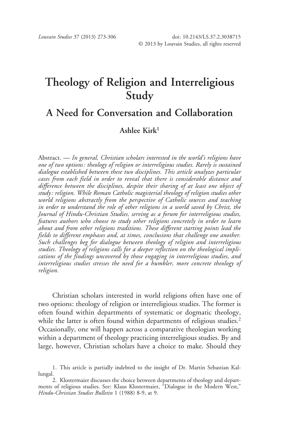 Theology of Religion and Interreligious Study a Need for Conversation and Collaboration