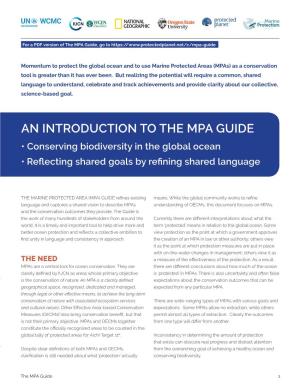 AN INTRODUCTION to the MPA GUIDE • Conserving Biodiversity in the Global Ocean • Reflecting Shared Goals by Refining Shared Language