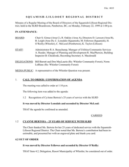 SQUAMISH-LILLOOET REGIONAL DISTRICT Minutes of a Regular Meeting of the Board of Directors of the Squamish-Lillooet Regional