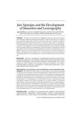Juri Apresjan and the Development of Semantics and Lexicography1