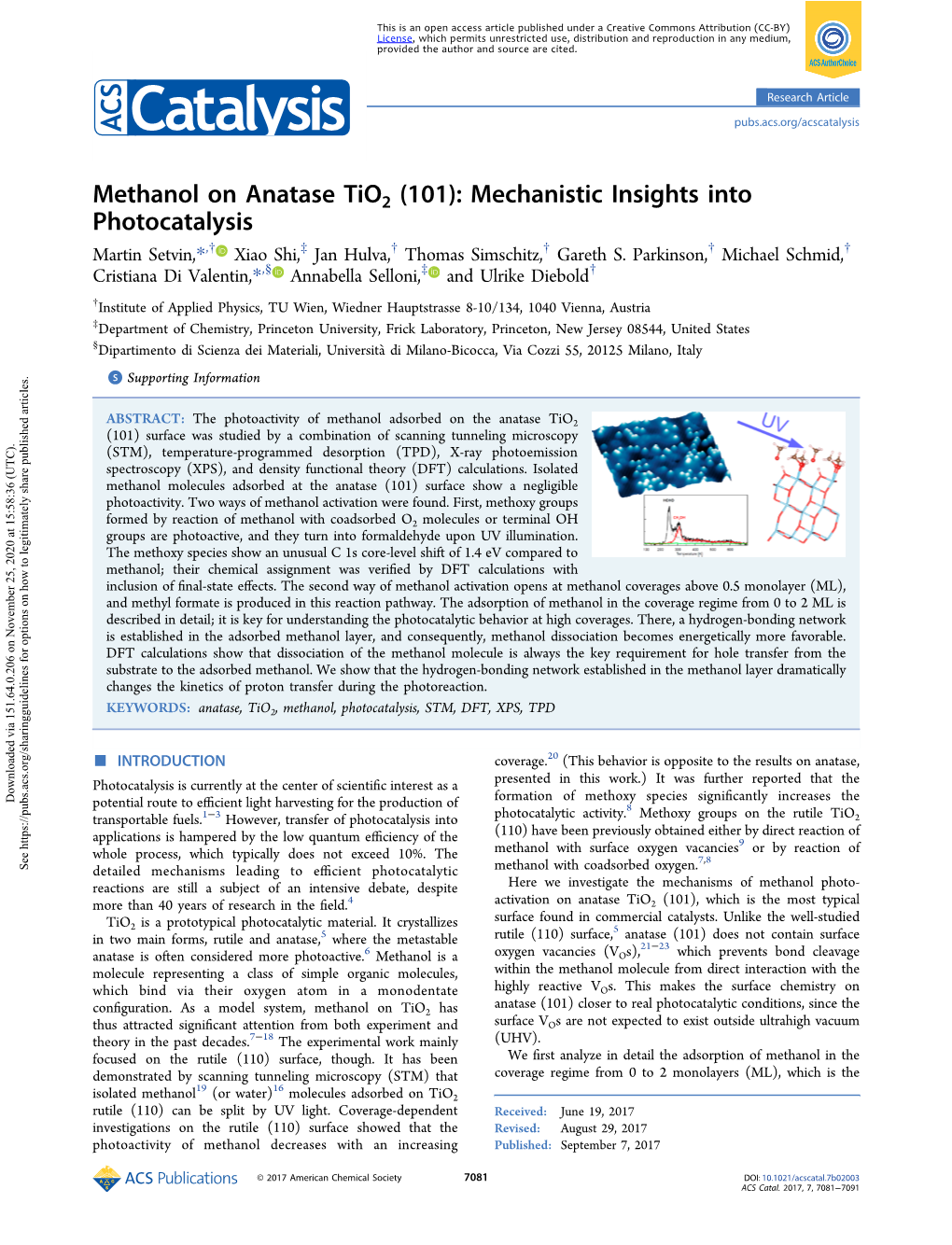 Methanol on Anatase Tio2 (101): Mechanistic Insights Into Photocatalysis Martin Setvin,*,† Xiao Shi,‡ Jan Hulva,† Thomas Simschitz,† Gareth S
