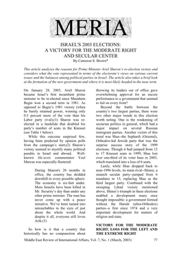 ISRAEL's 2003 ELECTIONS: a VICTORY for the MODERATE RIGHT and SECULAR CENTER by Cameron S