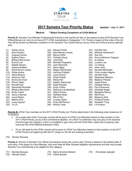 2017 Symetra Tour Priority Status Updated – July 11, 2017