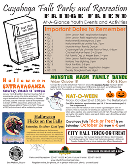 Cuyahoga Falls Parks and Recreation Fridge Friend At-A-Glance Youth Events and Activities