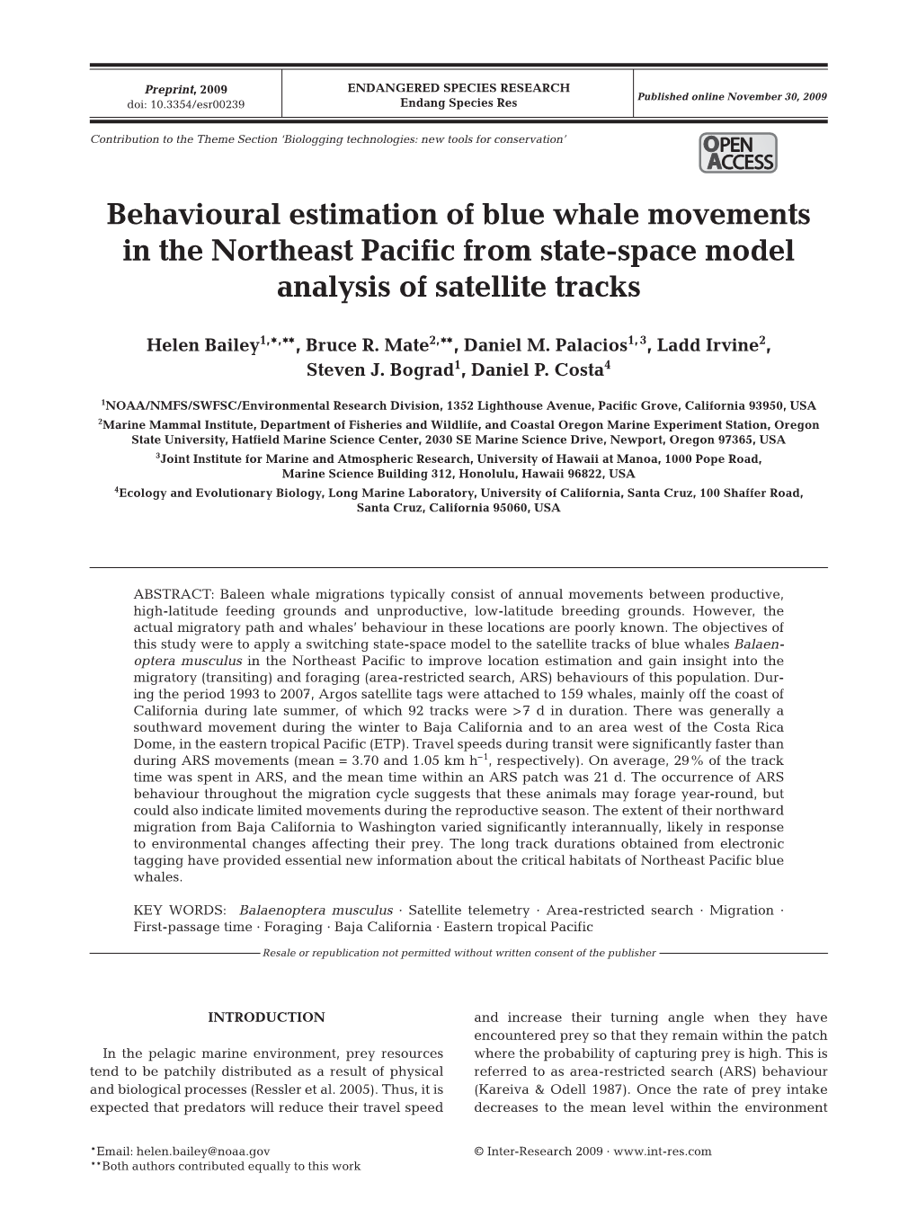 Behavioural Estimation of Blue Whale Movements in the Northeast Pacific from State-Space Model Analysis of Satellite Tracks
