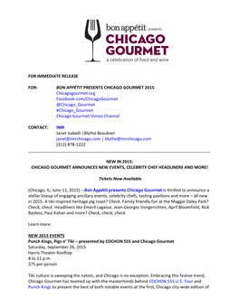 For Immediate Release For: Bon Appétit Presents Chicago Gourmet 2015