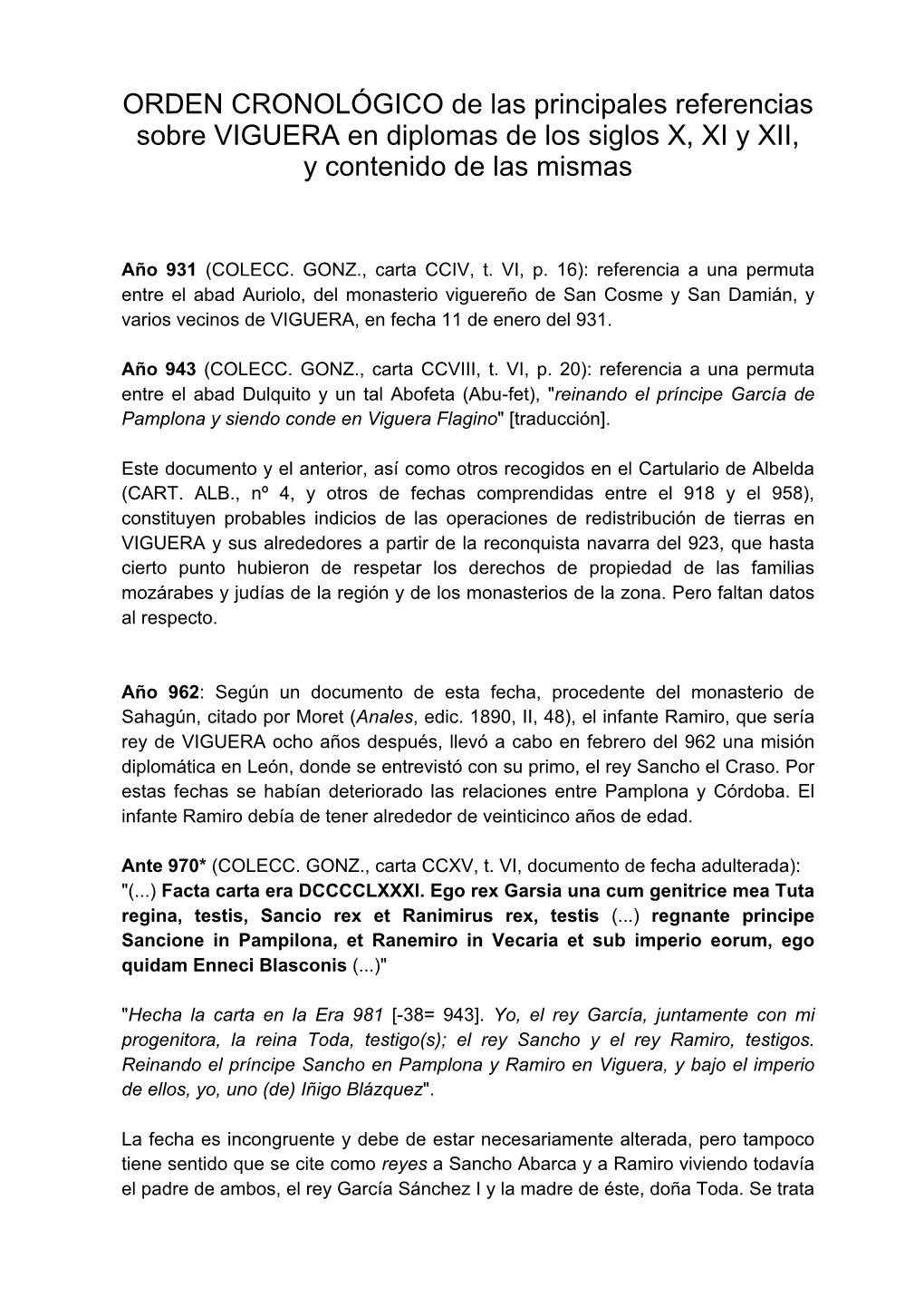 Orden Cronol Gico De Las Principales Referencias Sobre Viguera En Diplomas De Los Siglos X Xi Y