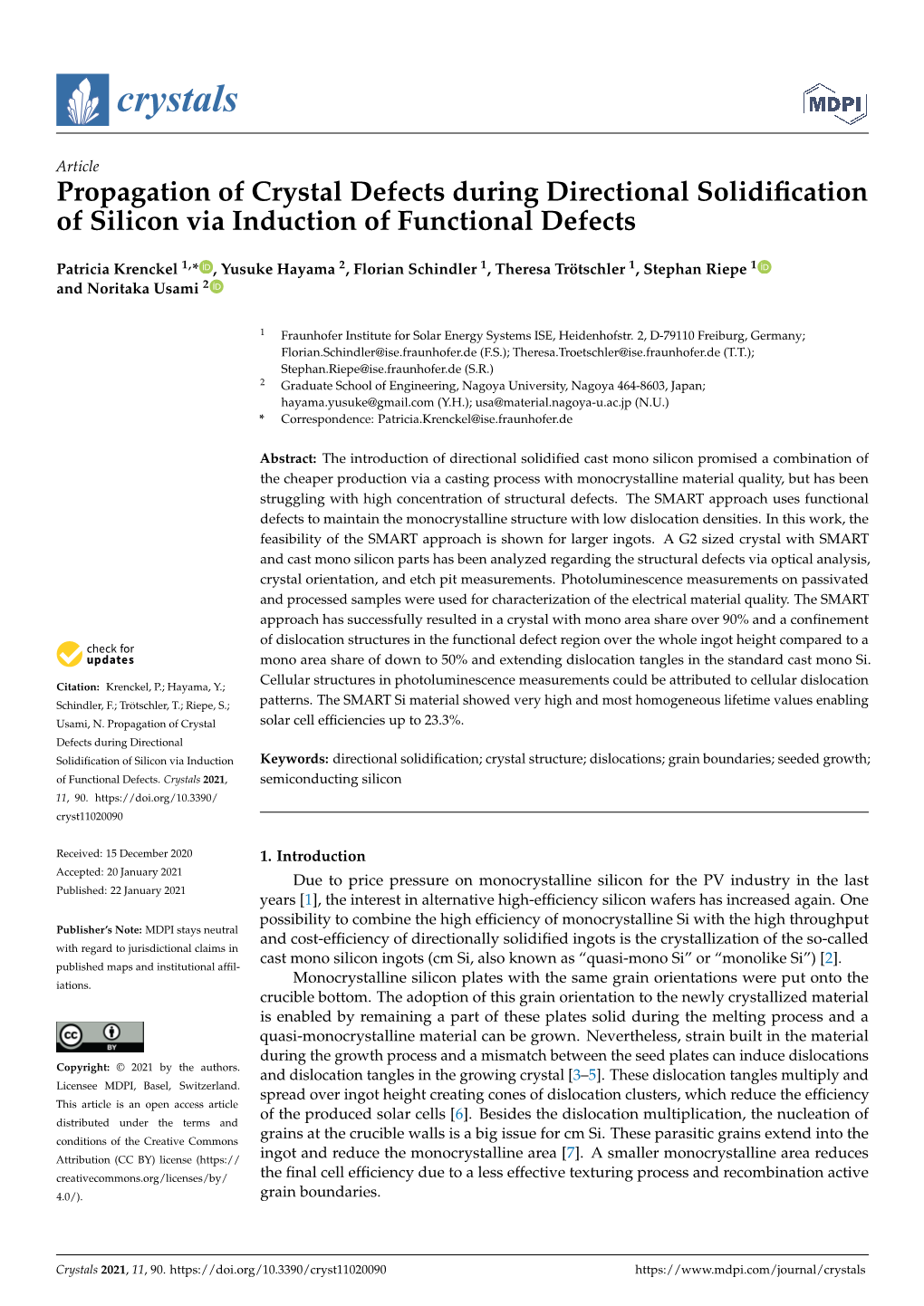 Propagation of Crystal Defects During Directional Solidification of Silicon