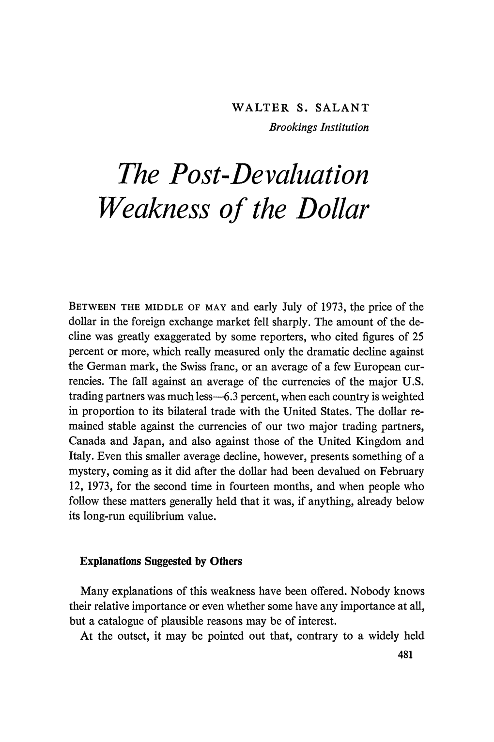 The Post-Devaluation Weakness of the Dollar