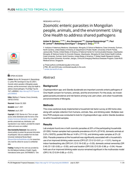 Zoonotic Enteric Parasites in Mongolian People, Animals, and the Environment: Using One Health to Address Shared Pathogens