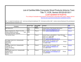 List of Certified Mills Composite Wood Products Airborne Toxic Control Mea Title 17, CCR, Section 93120-93120.1 (Last Updated 8