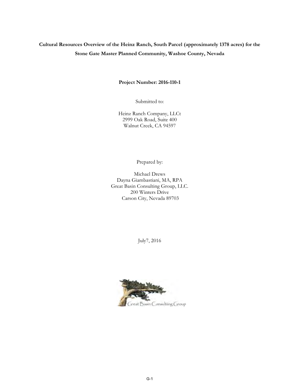 Cultural Resources Overview of the Heinz Ranch, South Parcel (Approximately 1378 Acres) for the Stone Gate Master Planned Community, Washoe County, Nevada