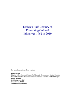Esalen's Half-Century of Pioneering Cultural Initiatives 1962 to 2019