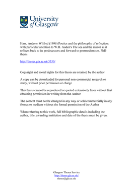 Hass, Andrew Wilfred (1996) Poetics and the Philosophy of Reflection: with Particular Attention to W.H. Auden's the Sea And