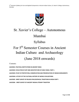 Autonomous Mumbai for 5 Semester Courses in Ancient Indian Culture and Archaeology