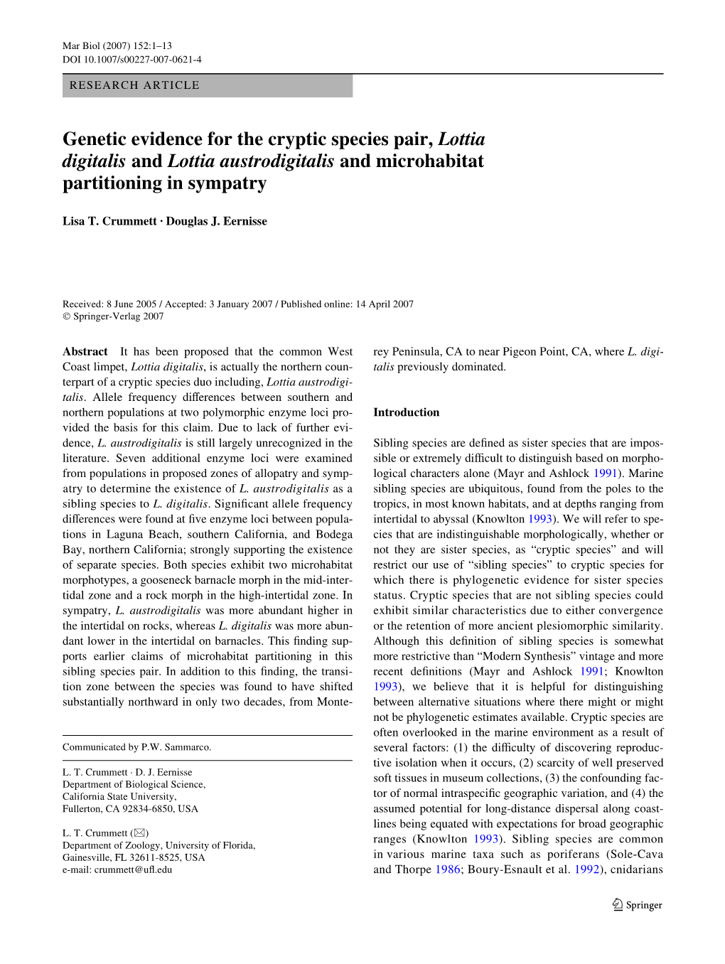 Genetic Evidence for the Cryptic Species Pair, Lottia Digitalis and Lottia Austrodigitalis and Microhabitat Partitioning in Sympatry