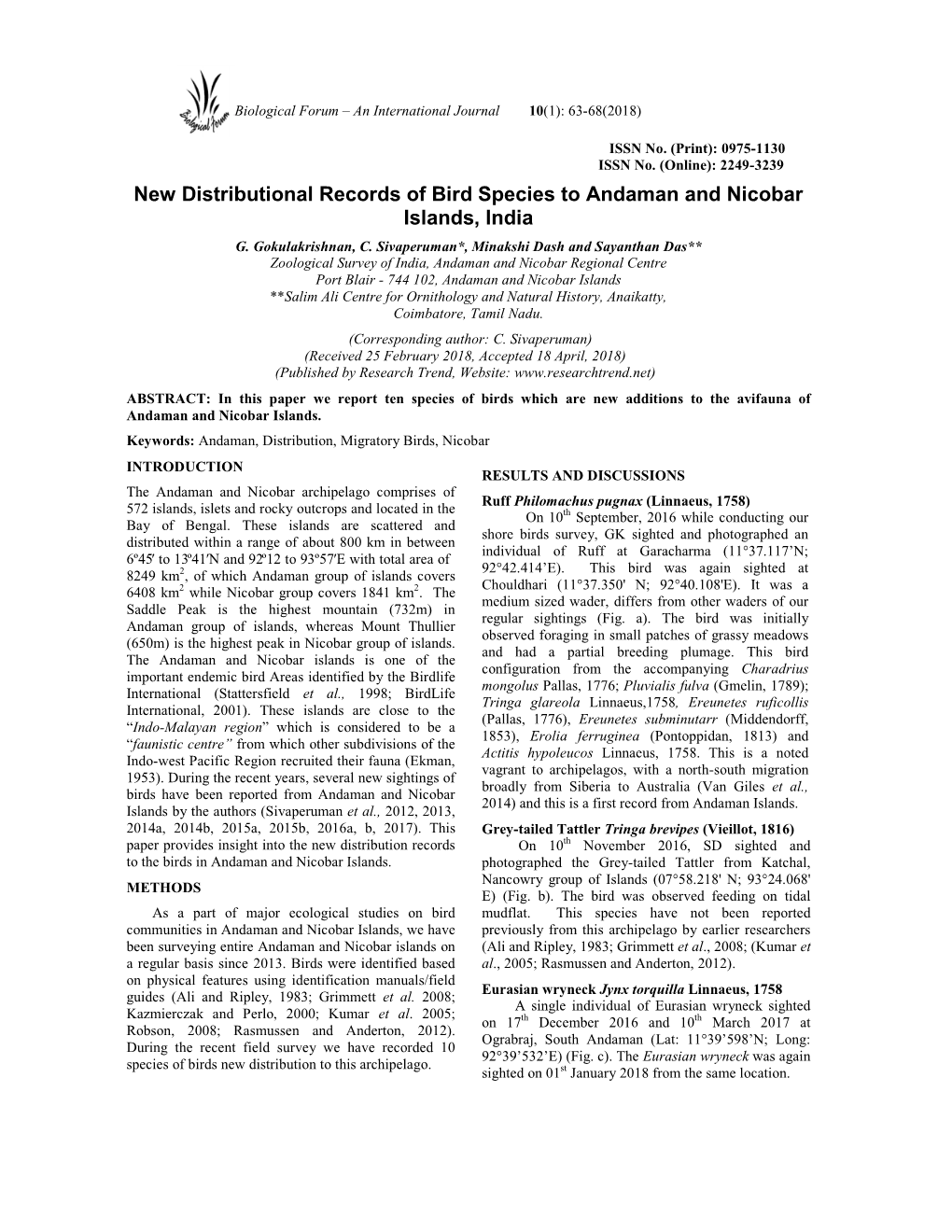 New Distributional Records of Bird Species to Andaman and Nicobar Islands, India G