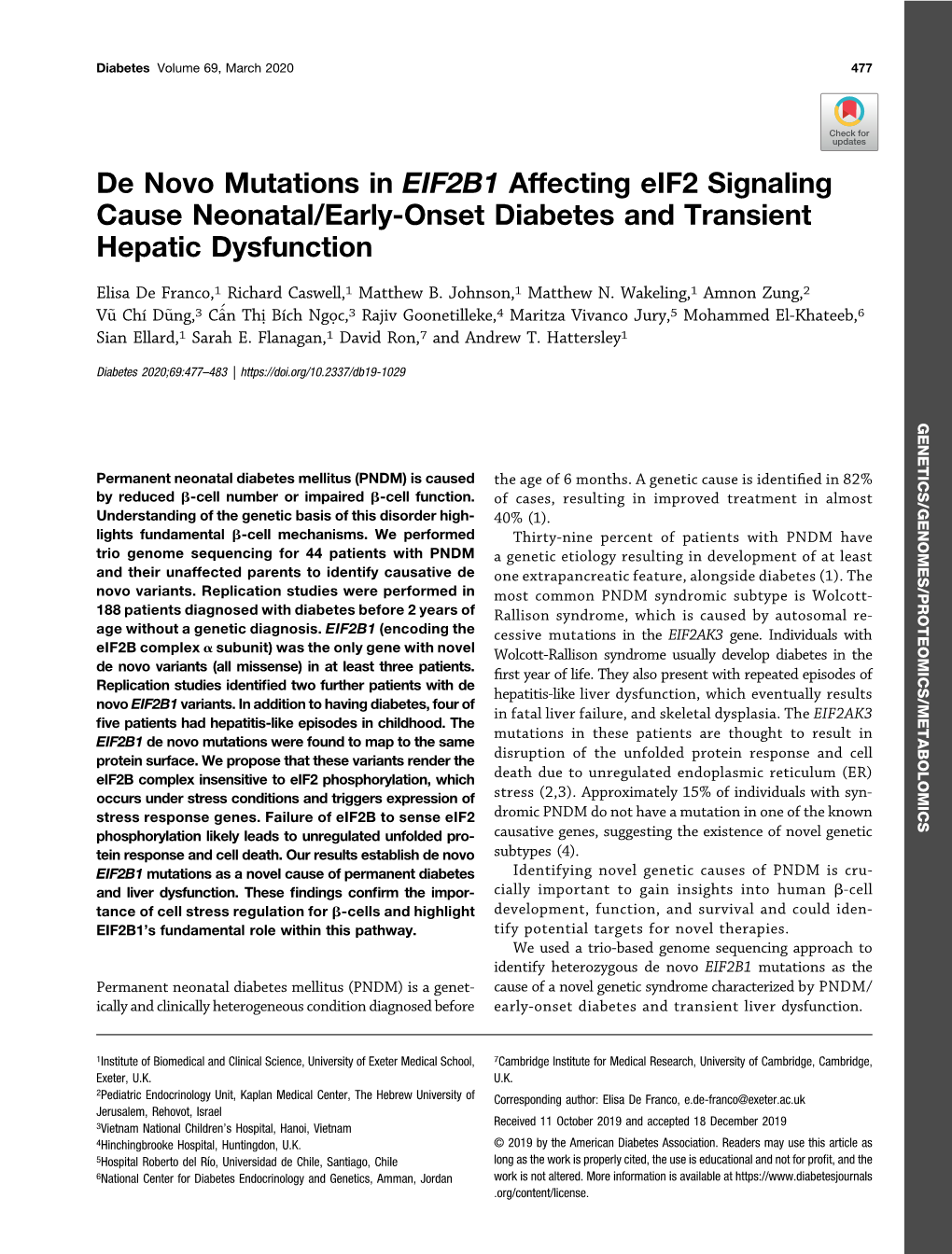 De Novo Mutations in EIF2B1 Affecting Eif2 Signaling Cause Neonatal/Early-Onset Diabetes and Transient Hepatic Dysfunction