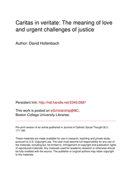 Caritas in Veritate: the Meaning of Love and Urgent Challenges of Justice