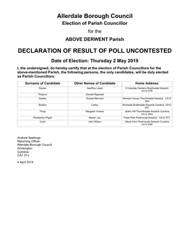 Allerdale Borough Council DECLARATION of RESULT of POLL UNCONTESTED