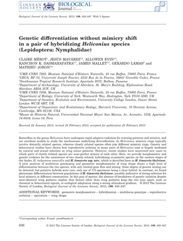 Genetic Differentiation Without Mimicry Shift in a Pair of Hybridizing Heliconius Species (Lepidoptera: Nymphalidae)