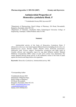 Antimicrobial Properties of Momordica Cymbalaria Hook. F