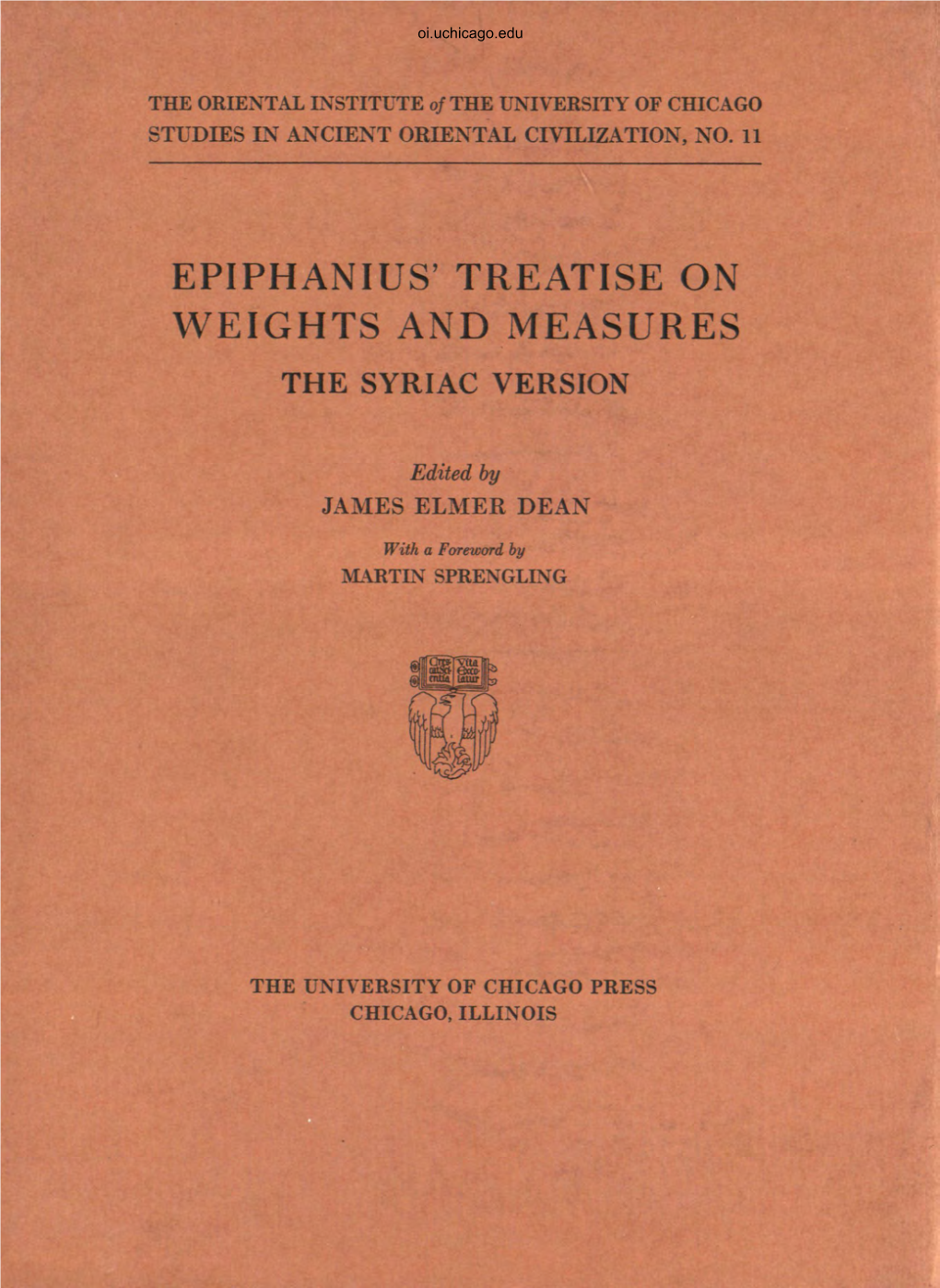 Epiphanius' Treatise on Weights and Measures the Syriac Version