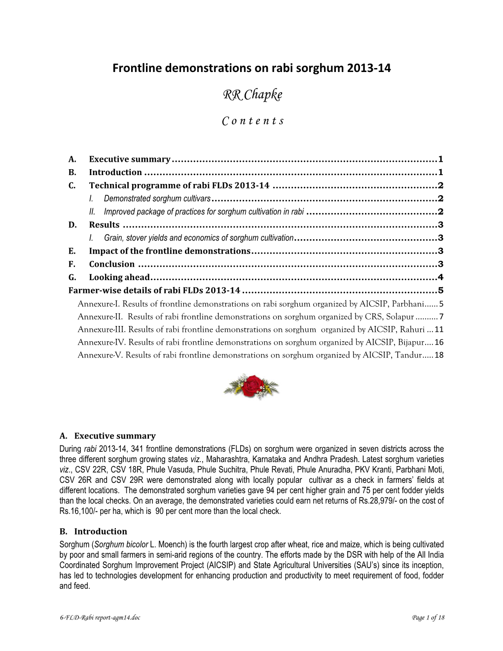 Frontline Demonstrations on Rabi Sorghum 2013‐14 RR Chapke C O N T E N T S